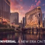 Bally's Universal, Chicago riverfront sunset.