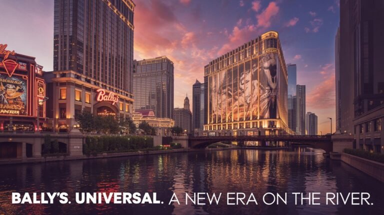 Bally's Universal, Chicago riverfront sunset.
