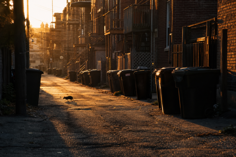 City alley at golden hour with garbage carts and a small rat crossing in the distance