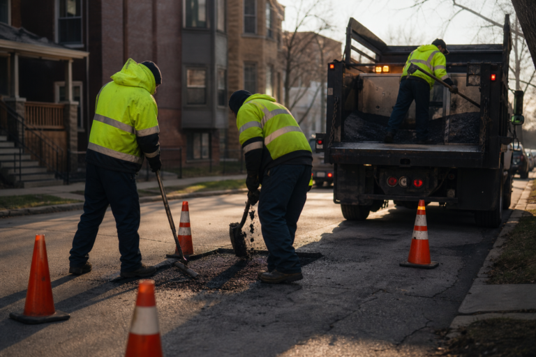 A Chicago street crew filling a pothole on a residential street lined with brick two-flats