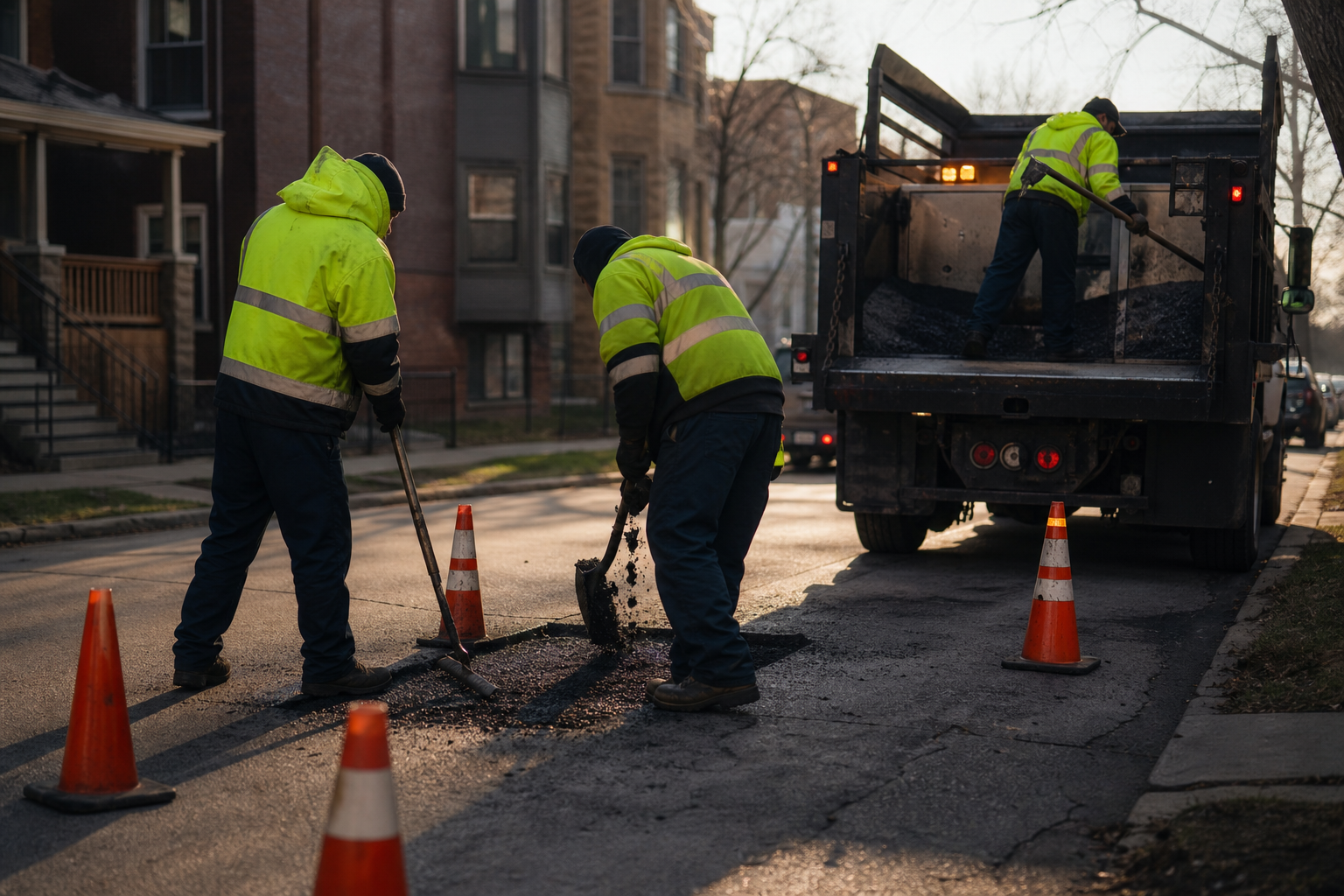 A Chicago street crew filling a pothole on a residential street lined with brick two-flats