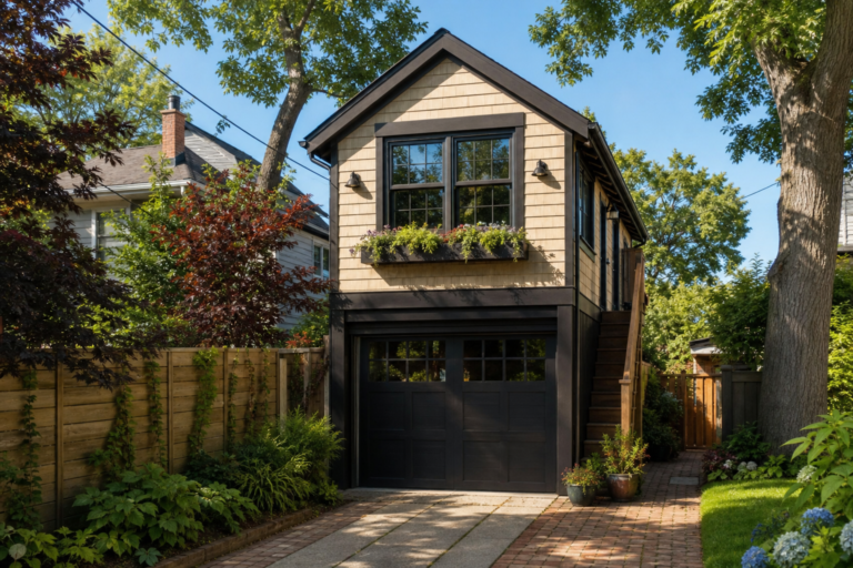 A small Chicago coach house above a garage at the rear of a residential lot