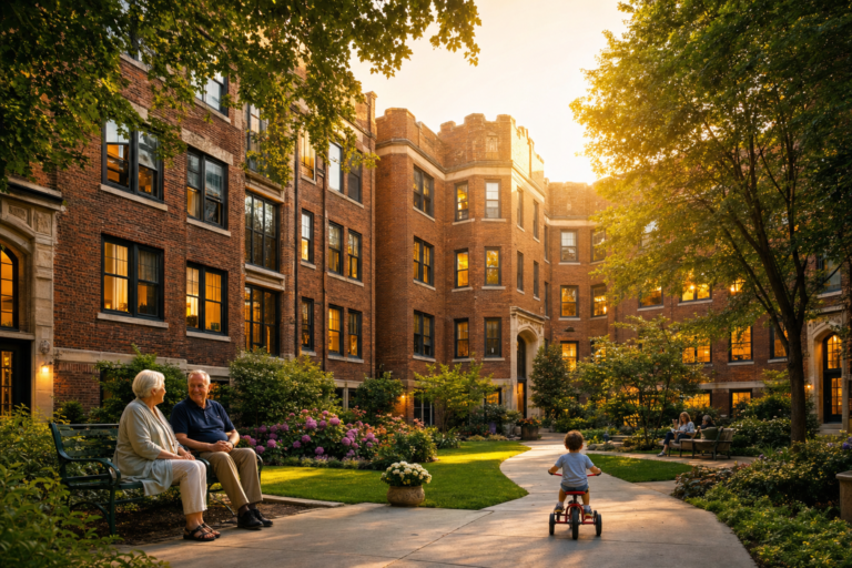 Brick Chicago courtyard apartment building at golden hour, residents on a bench and a child on a tricycle in the landscaped courtyard.