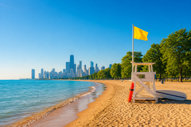 A yellow advisory flag flying beside a Chicago Lake Michigan beach on a sunny summer morning