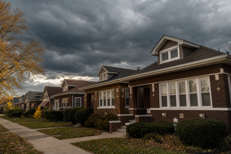 Row of brick Chicago bungalows under gathering storm clouds
