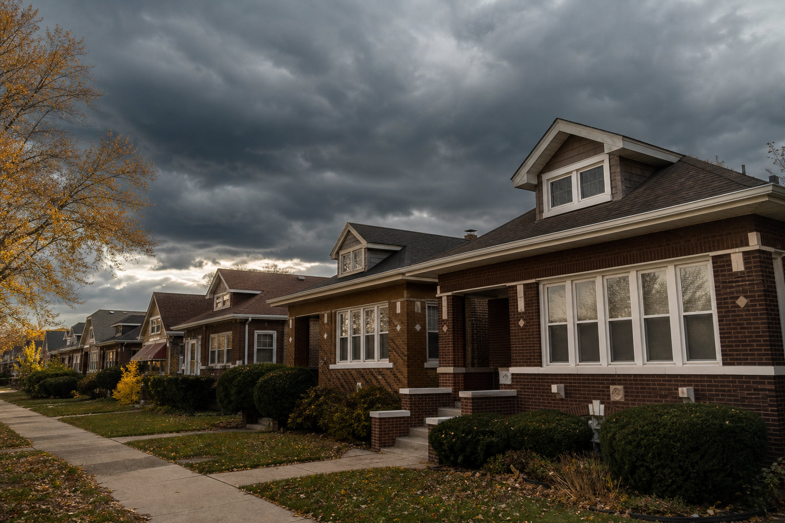 Row of brick Chicago bungalows under gathering storm clouds