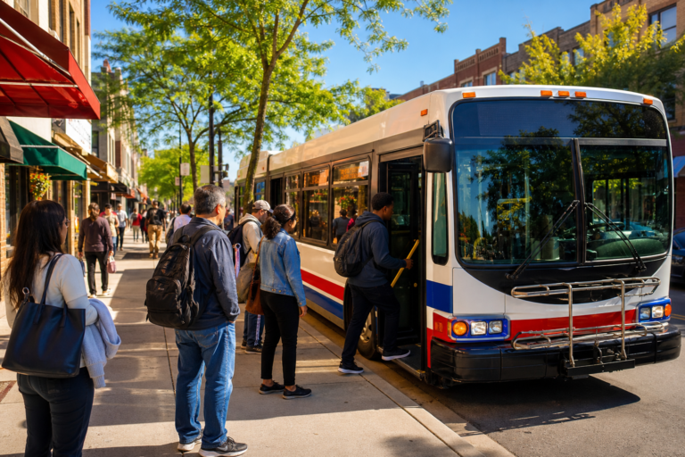 A CTA bus at a curbside stop on a sunlit Chicago commercial street