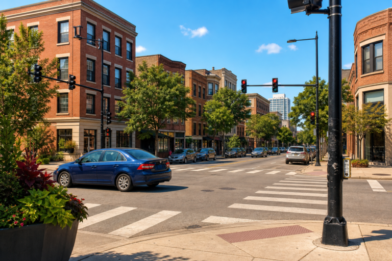 A Chicago street intersection with traffic signals on a clear sunny afternoon