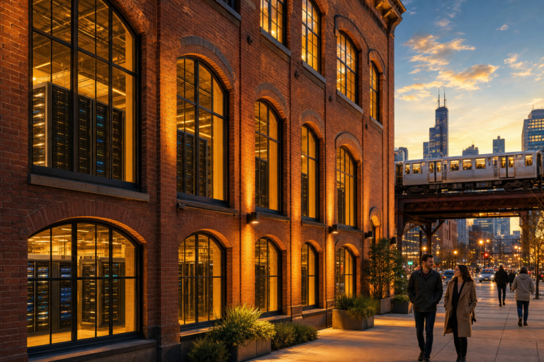 Brick industrial building at dusk with computer server racks visible through tall arched windows, an elevated train and the Chicago skyline behind.