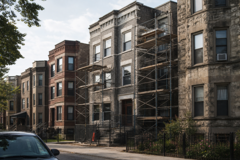A block of Chicago greystone apartment buildings, one under renovation beside weathered neighbors