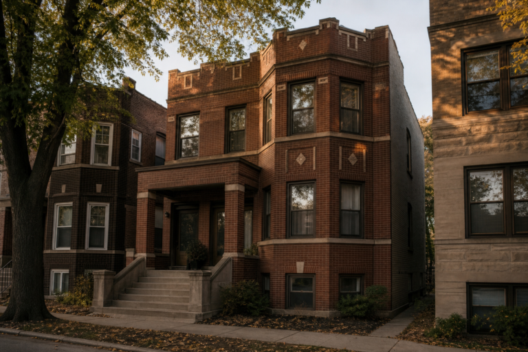 A classic brick Chicago two-flat on a residential street in late-afternoon light