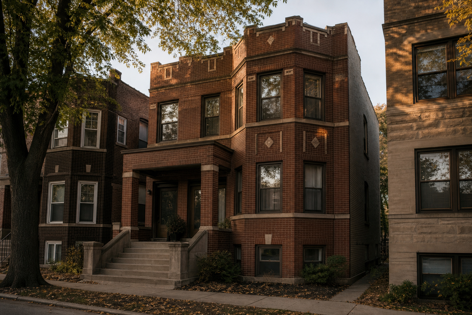 A classic brick Chicago two-flat on a residential street in late-afternoon light