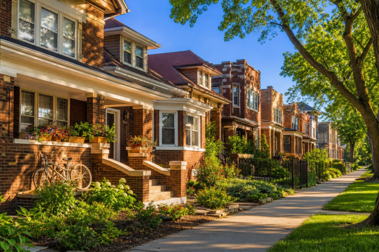 A sunny Chicago block of brick bungalows and two-flats under a clear blue sky