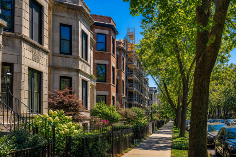 A Chicago street of two-flats and greystones with a new building under construction mid-block