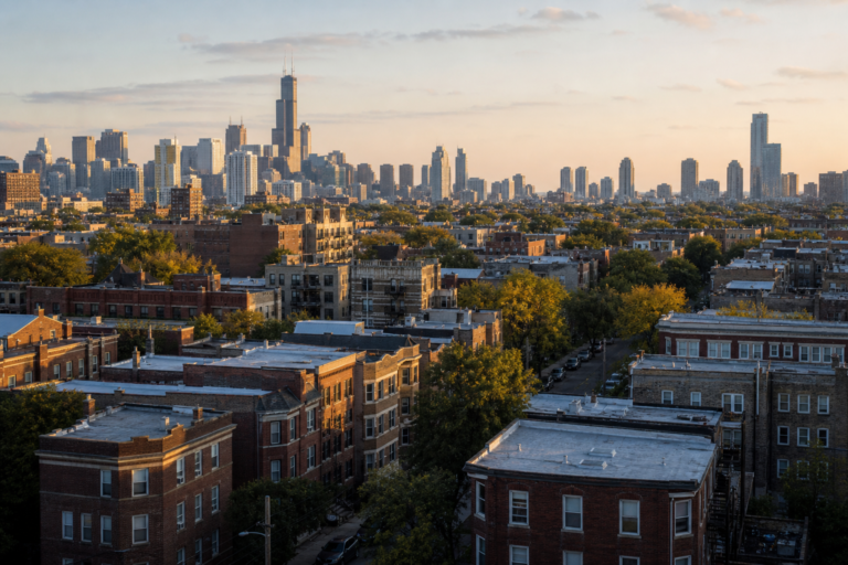 Dense Chicago residential neighborhood with two-flats and greystones, skyline on the horizon