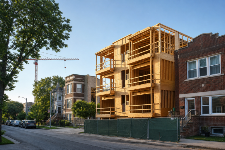 New residential construction underway on a Chicago neighborhood street