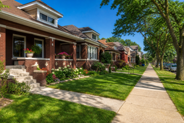 Brick bungalows on a sunny Chicago residential street