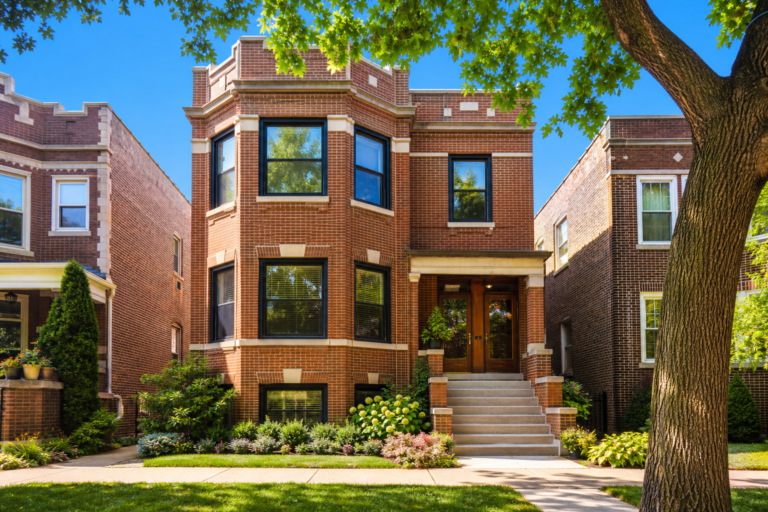 A Chicago brick two-flat with a tidy front stoop on a sunny morning