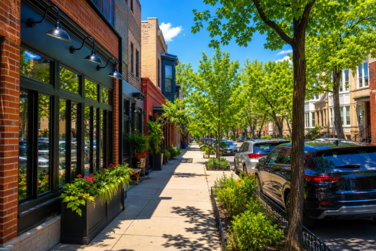 A Chicago block where brick storefronts meet two-flats on a sunny morning