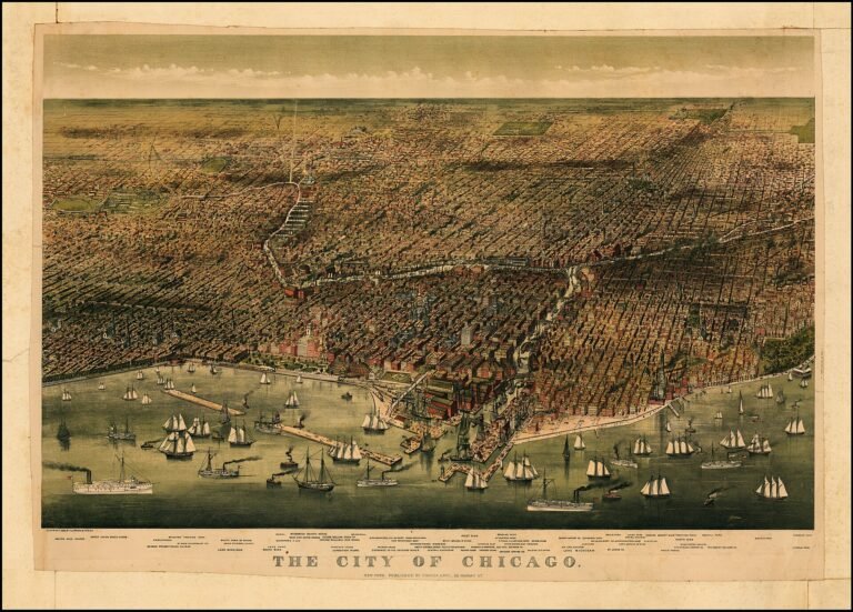 Currier and Ives bird's-eye view of Chicago in 1874, rebuilt three years after the Great Fire