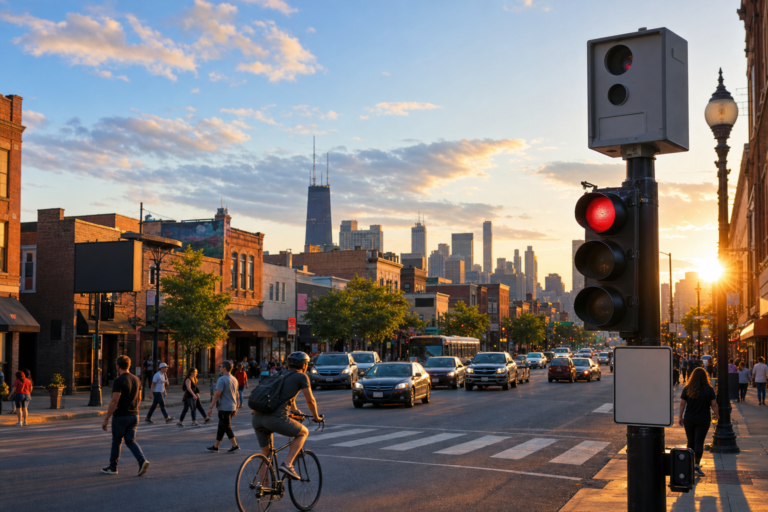 Red-light camera unit mounted on a pole above a busy Chicago intersection at golden hour, cars waiting at the stop line and pedestrians crossing.