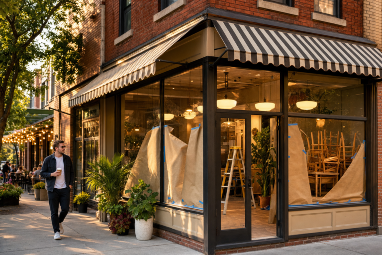 Corner storefront in a brick Chicago building at golden hour, brown paper half removed from the windows revealing a new restaurant being set up inside.
