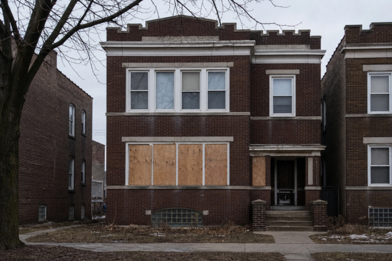 A boarded-up brick two-flat on a quiet Chicago street in flat winter light