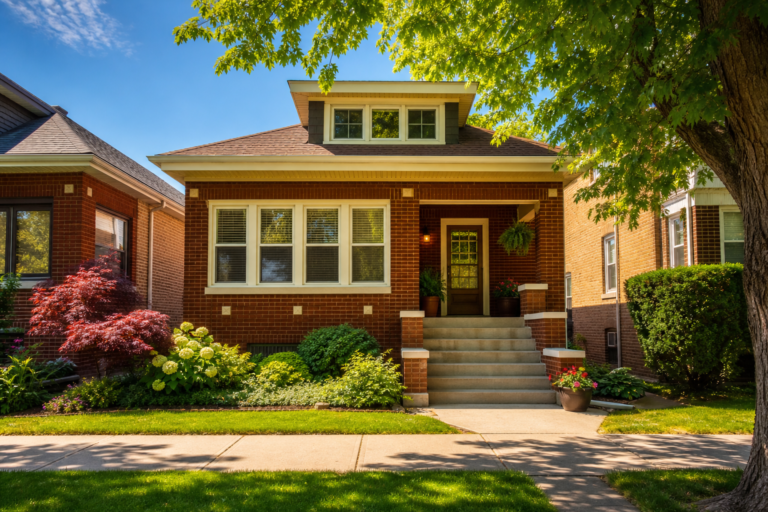 A well-kept Chicago brick bungalow with a sunlit porch under a clear blue sky