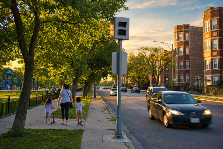Gray speed-enforcement camera on a pole beside a Chicago park with a playground, a family walking past and traffic on the boulevard at golden hour.
