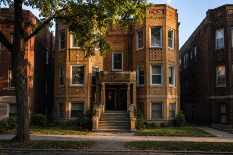 A classic brick Chicago two-flat with bay windows and front stairs in late light