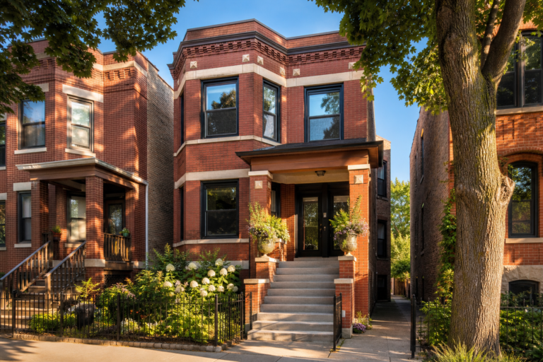 A brick Chicago two-flat with a bay window on a sunny street
