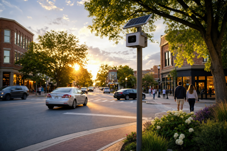 Pole-mounted license-plate-reader camera with a small solar panel beside a suburban Chicagoland main-street intersection at golden hour.