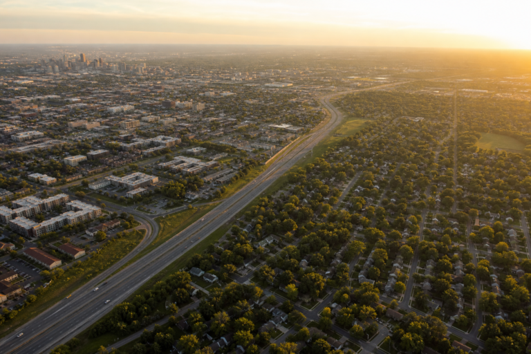Aerial view of a city edge transitioning into leafy suburbs along an expressway