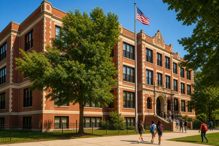 Brick facade of a classic Chicago public school building in warm morning light