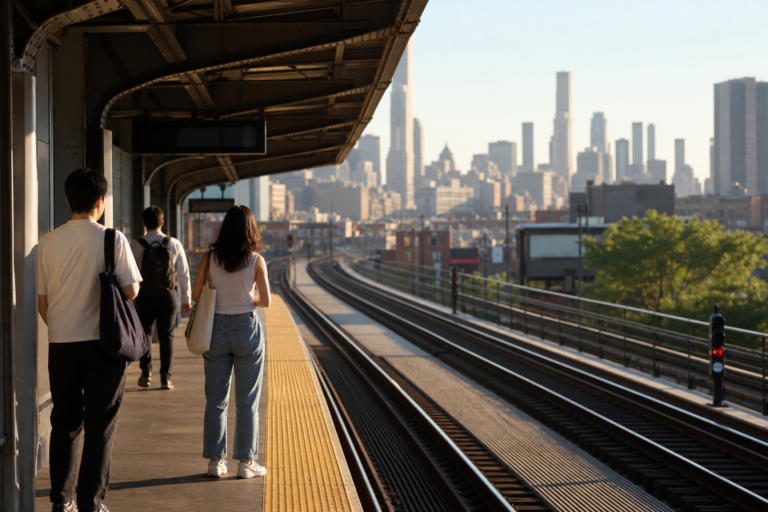 Elevated train platform in morning light with tracks curving toward the skyline