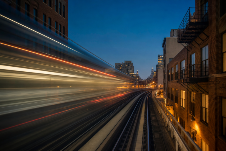 Elevated transit tracks at dusk with light trails from a passing train