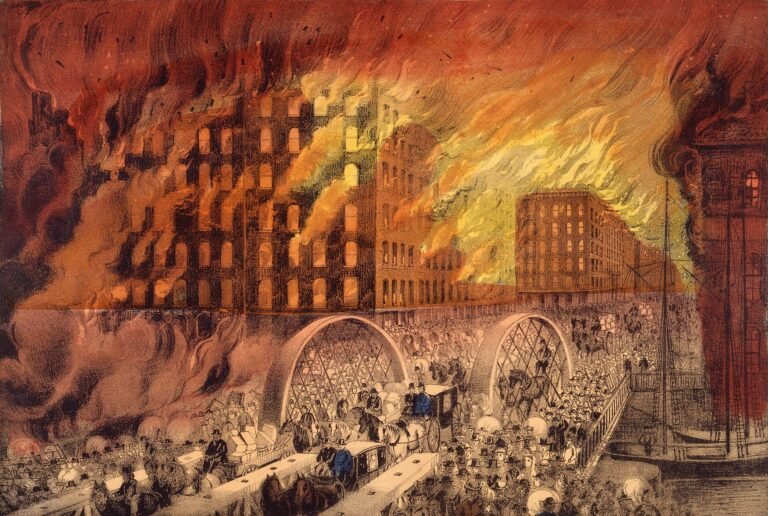 Currier and Ives lithograph of crowds fleeing across the Randolph Street bridge as Chicago burns, 1871