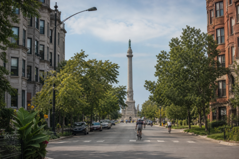 Logan Square boulevard with greystones and the Centennial Monument in the distance