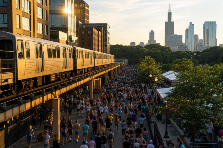 CTA elevated train above a downtown Chicago street with crowds heading toward Grant Park