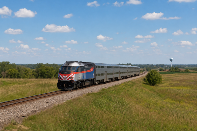 Metra train on a single-track line through open northwest-corridor countryside