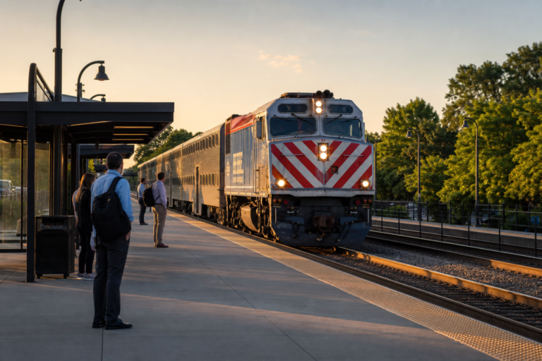 Metra commuter train at a suburban Chicago station platform