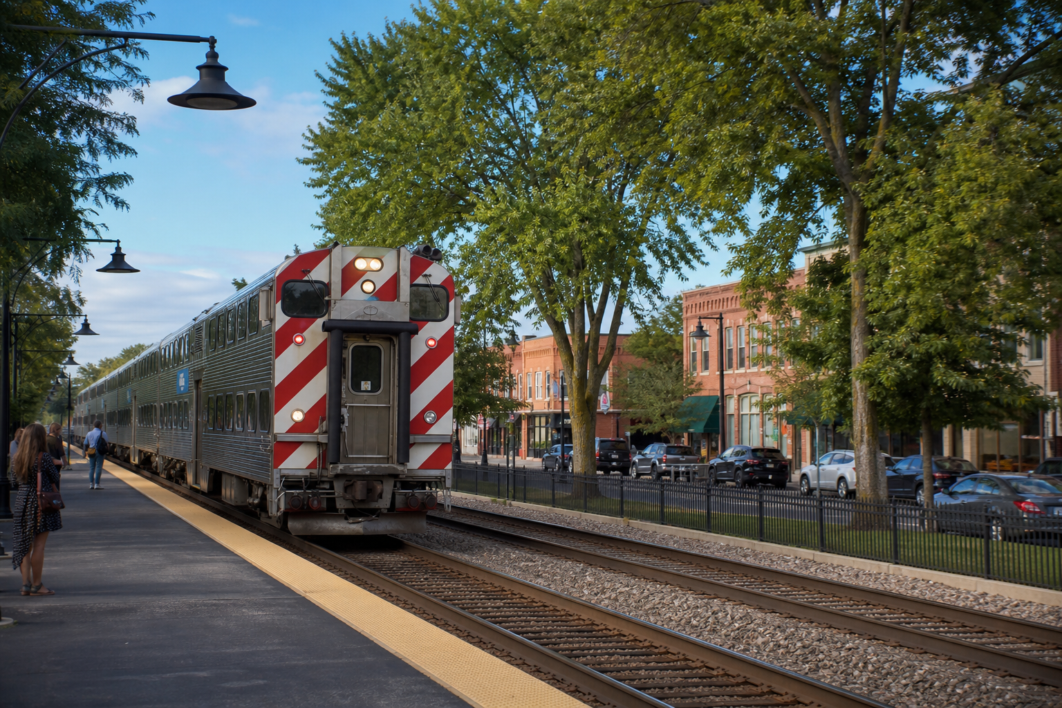 Metra train arriving at a tree-lined western suburb station platform