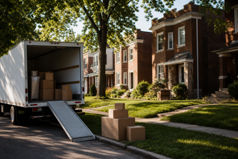 Moving truck with open ramp on a leafy residential street of brick two-flats
