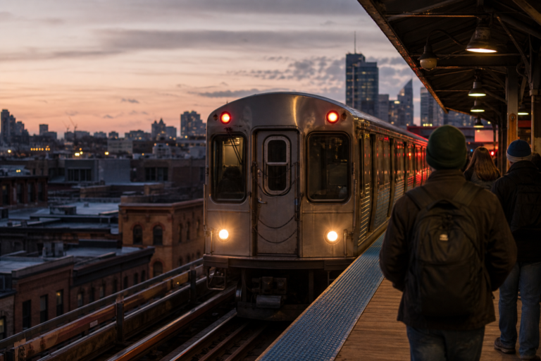 A CTA Red Line train arriving at an elevated Chicago station platform at dusk