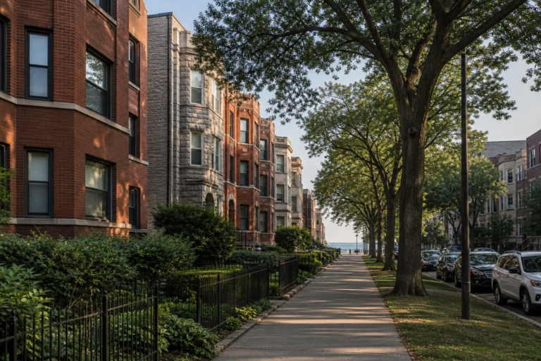 South Shore Chicago street of brick courtyard apartment buildings and greystones