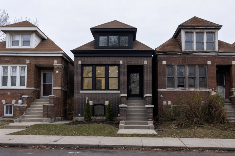 A renovated Chicago brick bungalow between two weathered neighbors on a South Side street