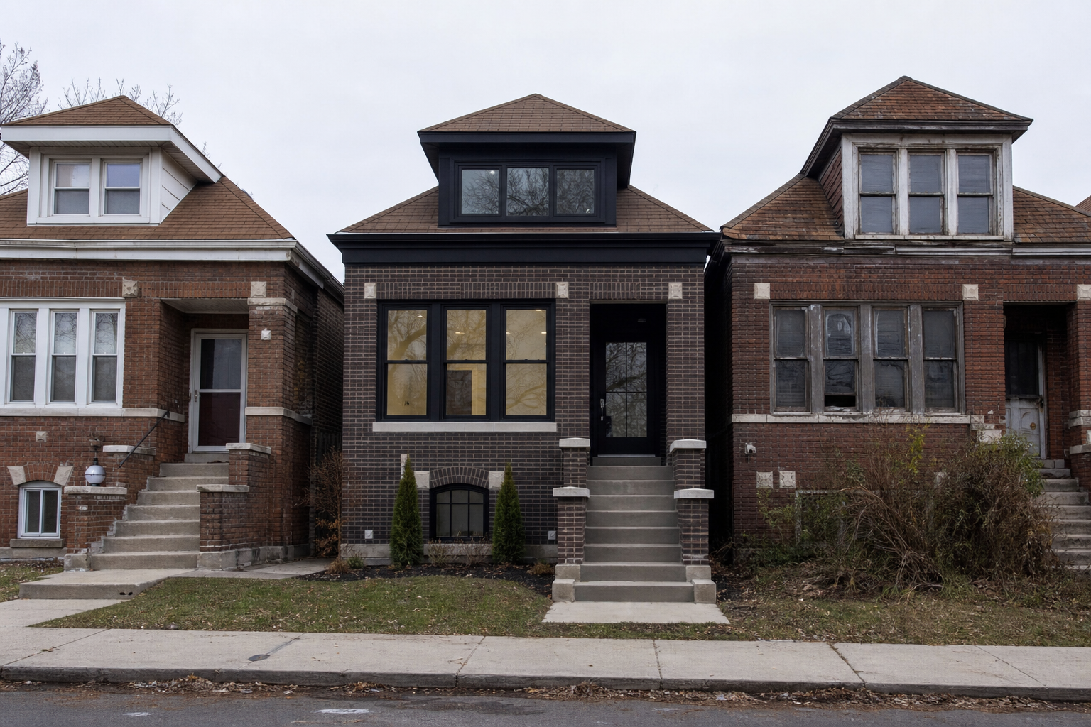 A renovated Chicago brick bungalow between two weathered neighbors on a South Side street
