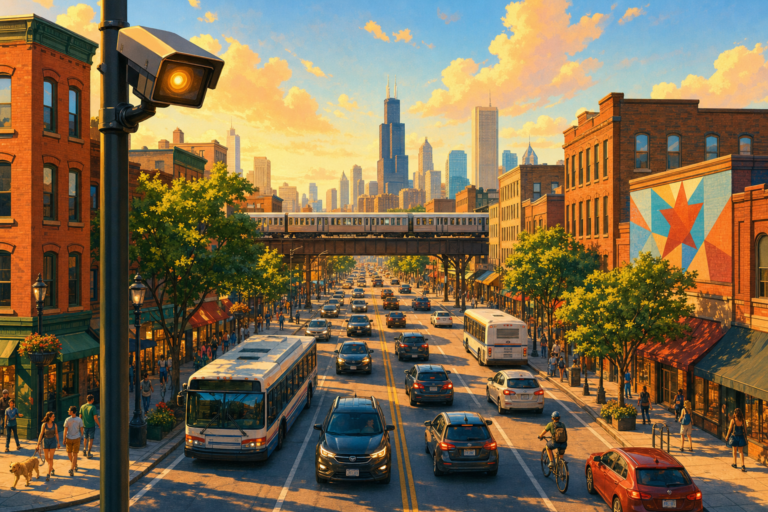 Illustration of a busy Chicago avenue in warm evening light with a traffic camera on a pole watching the flow of cars and buses