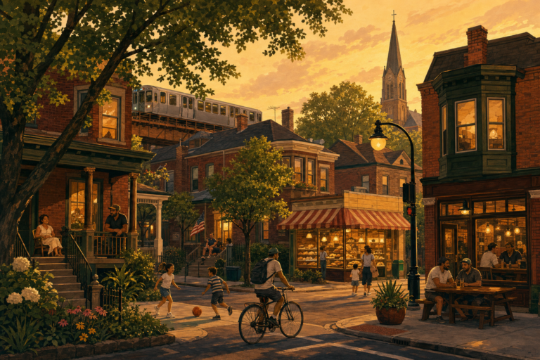 Illustration of an Avondale street of brick bungalows and two-flats with a corner tavern and the Blue Line passing behind the rooftops