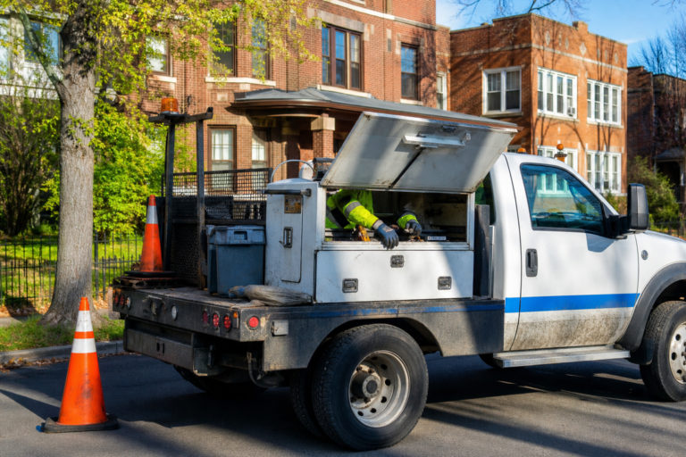 City service truck and cone on a Chicago residential street